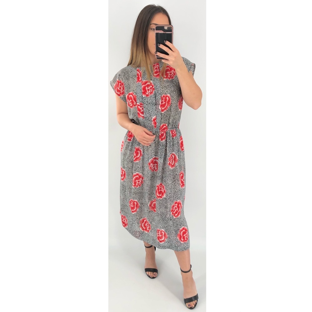 ITEMS Vintage Black + White Animal Spot Rose Dress